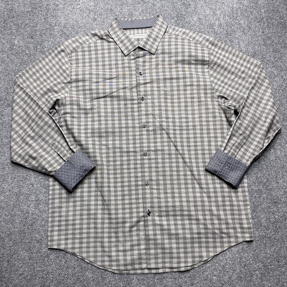 Tommy‎ Bahama Shirt Mens Large Gray Plaid Flip Cuff Newport Coast Pima Cotton